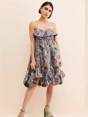 Floral Ruffle Dress in Purple and Green Anna Sui Floral Jacquard Strapless Dress
